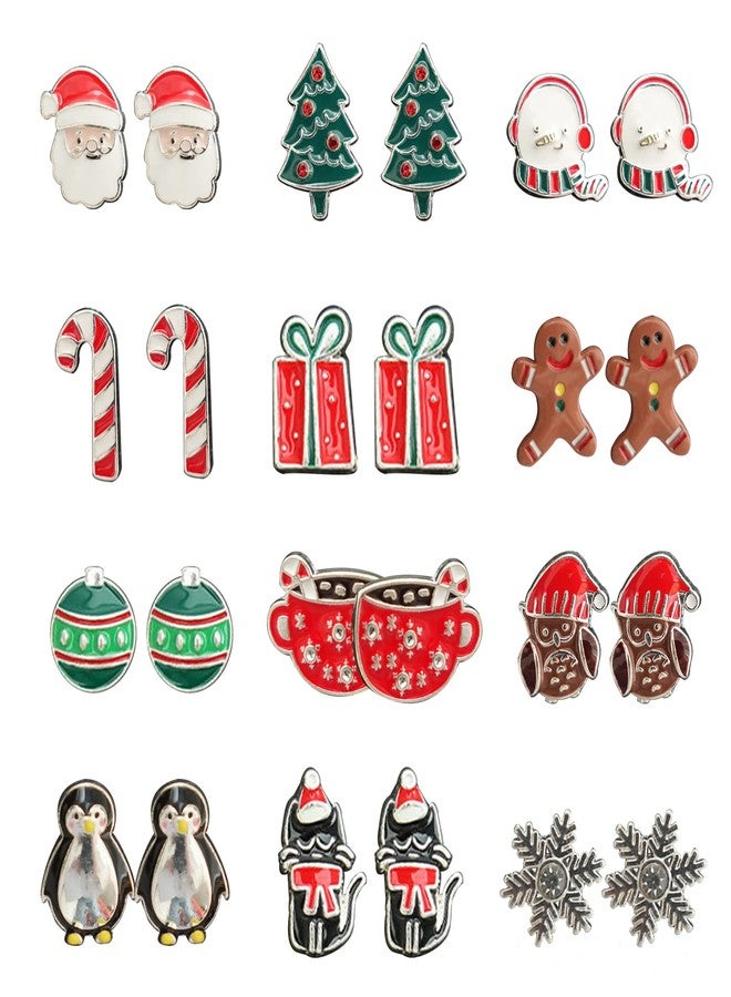DOLLESS Christmas Stud Earrings for Women Chirstmas Tree Snowflake Bow Gift Box Santa Claus Gingerbread Earrings Set Xmas Holiday Gifts (A-12 Pairs) - Image 1